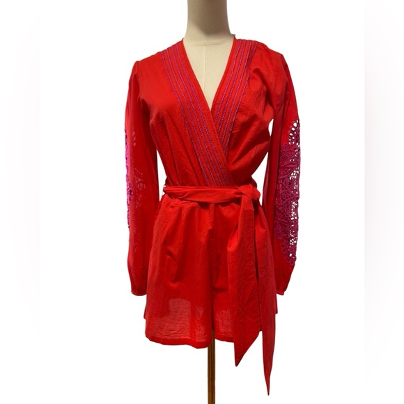 Chelsea & Violet Pants - Chelsea & Violet Boho Embroidered Lace Sleeve Romper Red Pink M